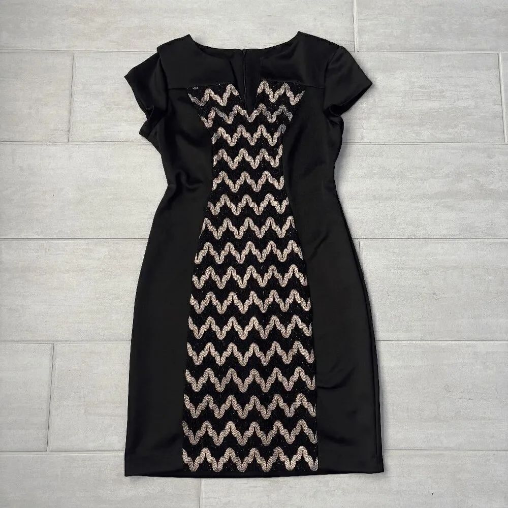 Connected Apparel Chevron Print Front V Neck Short Sleeve Sheath Dress Black 4